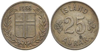 Исландия 25 эйре 1958 Республика (1944-1980) KM 11 медно-никель 4576-135