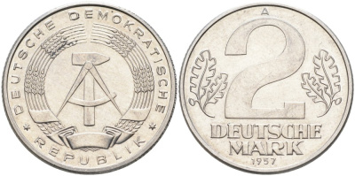 ГДР 2 марки 1957 А KM 14 алюминий UNC 4574-514