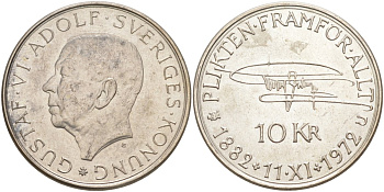 Швеция 10 крон 1972 U, 90 лет со дня рождения Густава VI Адольфа KM 847 серебро 4536-246