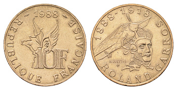 Франция 10 франков 1988 100 лет со дня рождения Ролан Гарроса (1888-1918) KM 965, Le Franc 372.3 никель латунь aUNC 4676-1143