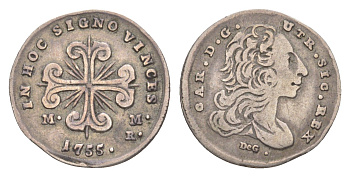 Неаполь 1 карлино 1755 Карл VII (1734-1759) KM 165 серебро 00-903-16