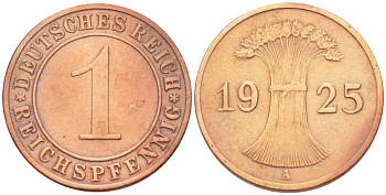 ГЕРМАНИЯ 1 РЕЙХСПФЕННИГ 1925 А KM 37, J. 313 бронза 206-1114