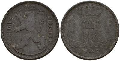 Бельгия 1 франк 1942 Belgique - Belgie, Леопольд III (1934-1947), германская оккупация, Вторая мировая война KM 127 цинк 4161-446