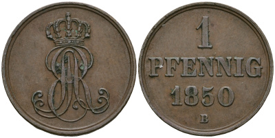 Ганновер 1 пфенниг 1850 B, Эрнст Август (1837-1851) KM 201.1, AKS 129, J. 74 медь 4608-1065