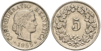 Швейцария 5 раппенов 1955 B KM 26 медно-никель 4608-445