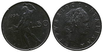 Италия 50 лир 1956 R, бог огня Вулкан у наковальни KM 95.1 нержавеющая сталь 4384-1114