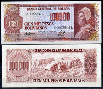 Боливия 100000 боливиано 1984 крестьянин, полевые работы Pick 171 a (2)  бумага  UNC (пресс) 447-117-2