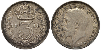 Великобритания 3 пенса 1919 Георг V (1910-1936) KM 813, Spink 4015 серебро 4528-515