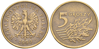 ПОЛЬША 5 ГРОШЕЙ 1990 MW KM 278 латунь 4516-1219