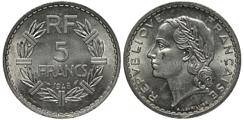 ФРАНЦИЯ 5 ФРАНКОВ 1948 OPEN 9 KM 888b.1 алюминий UNC 413-2915