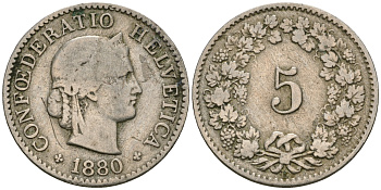 Швейцария 5 раппенов 1880 KM 26 медно-никель 4608-1011