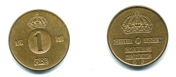 Швеция 1 эре 1958 T;S, Густав VI Адольф (1950-1973) KM 820 бронза 23-943