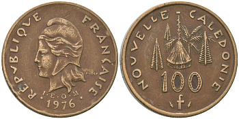 Французская Новая Каледония 100 франков 1976 R·JOLY (с точкой), хижина среди сосен и пальм, (IEOM) KM 15, Schoen 16, Lec 130 никель латунь 4137-635