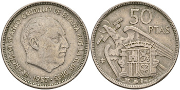 Испания 50 песет 1957 (59) Хуан Карлос I (1975 - 2014) KM 788 медно-никель 4149-1123