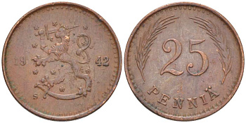 ФИНЛЯНДИЯ 25 ПЕННИ 1942 s KM 25а медь 217-1043