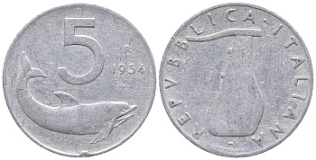 ИТАЛИЯ 5 ЛИР 1954 R, РУЛЬ, ДЕЛЬФИН KM 92 алюминий 34-316