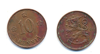 Финляндия 10 пенни 1929 республика (1918-1962) KM 24 медь 46-1657