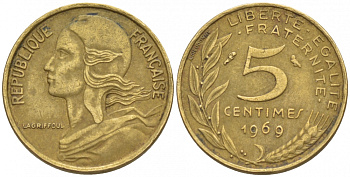 ФРАНЦИЯ 5 САНТИМОВ 1969 ТИП MARIANNE KM 933 медь алюминий никель 4547-1124