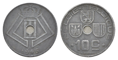 Бельгия 10 сантимов 1946 Belgie - Belgique, Леопольд III (1934-1951), германская оккупация, Вторая мировая война KM 126 цинк 4169-661