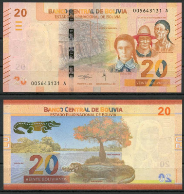 Боливия 20 боливиано 1986 (2018-2019) крокодил Pick 249 (1) бумага UNC (пресс) 449-64-2