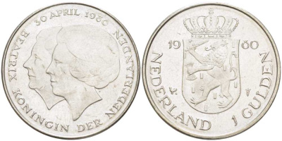 Нидерланды 1 гульден 1980 на коронацию Беатрикс, 30 апреля 1980 KM 200 никель 213-1243