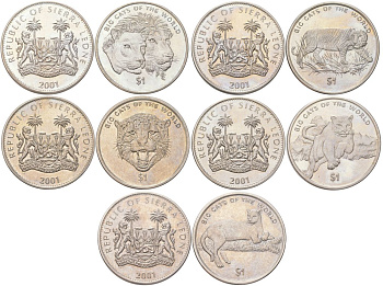 Сьерра-Леоне полный набор из 5 монет (1 доллар) 2001 Большие кошки мира - Львы, Тигр, Гепард, Пума и Черная пантера KM 241.1, 242.1, 243.1, 244.1 и 245.1 медно-никель BU N3-39