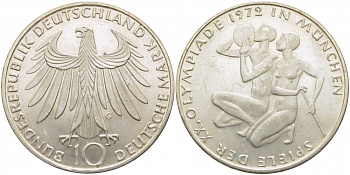 ФРГ 10 марок 1972 G, XX летние Олимпийские Игры, Мюнхен 1972, спортсмены KM 132, J. 403 серебро 603-1314