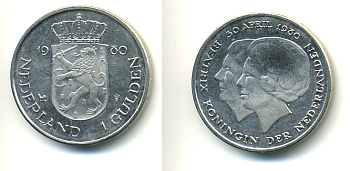 Нидерланды 1 гульден 1980 на коронацию Беатрикс, 30 апреля 1980 KM 200 никель 83-826