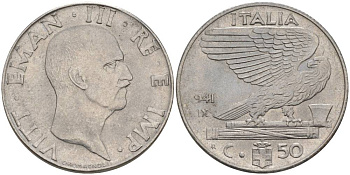 ИТАЛИЯ 50 ЧЕНТЕЗИМО 1941 R, ГОД XIX, ВИКТОР ЭММАНУИЛ III (1900-1946) KM 76b, VEM3. 1063 нержавеющая сталь 3853-352