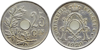 БЕЛЬГИЯ 25 САНТИМОВ 1929 BELGIE KM 69 медно-никель 86-1037