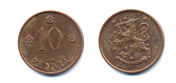 Финляндия 10 пенни 1936 республика (1918-1962) KM 24 медь 51-5537