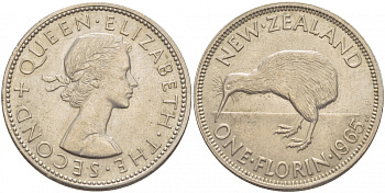 Новая Зеландия 1 флорин 1965 Елизавета II (1952-2022), птичка киви KM 28.2 медно-никель XF-UNC 51-213