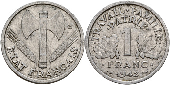 Франция 1 франк 1942 LB, тип LOURDE, правительство Виши KM 902.1, Le Franc 222.2 алюминий 4187-956