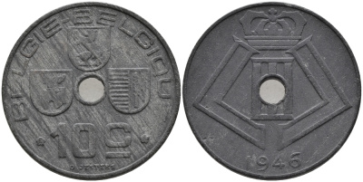 БЕЛЬГИЯ 10 САНТИМОВ 1946 BELGIE-BELGIQUE, ГЕРМАНСКАЯ ОККУПАЦИЯ, ВТОРАЯ МИРОВАЯ ВОЙНА KM 126 цинк 3334-336