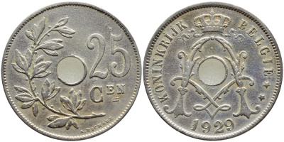 БЕЛЬГИЯ 25 САНТИМОВ 1929 BELGIE KM 69 медно-никель 86-1037