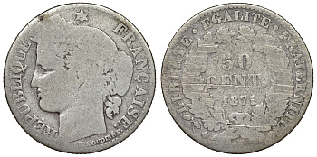 Франция 50 сантимов 1871 K, третья республика (1870-1941) KM 834.2, Le Franc 189.2 серебро 4124-318