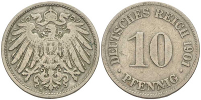 ГЕРМАНИЯ 10 ПФЕННИГОВ 1901 D KM 12, J. 13 медно-никель 4401-1232