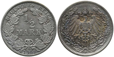ГЕРМАНИЯ 1/2 МАРКИ 1907 D KM 17, J. 16, Weege 16 серебро 4448-756