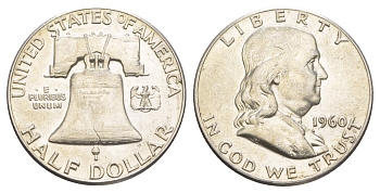 США 1/2 доллара (50 центов) 1960 Бенджамин Франклин, колокол KM 199 серебро  aUNC  4653-124