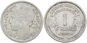 ФРАНЦИЯ 1 ФРАНК 1959 ТИП MORLON, LEGERE KM 885a.1, LE FRANC 221.23 алюминий 77-917