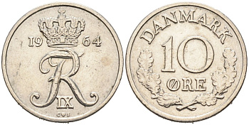 Дания 10 эре 1964 C; S, Фредерик IX (1947-1972) KM 849.1 медно-никель 4564-843