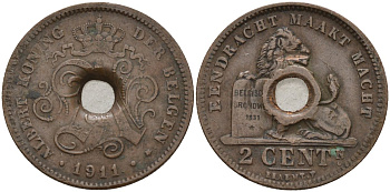 Бельгия 2 сантима 1911 BELGEN, Альберт I (1910 - 1934) KM 65 медь 4142-444