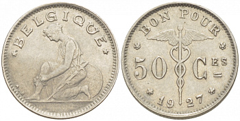 БЕЛЬГИЯ 50 САНТИМОВ 1927 BELGIQUE KM 87 никель 261-1618