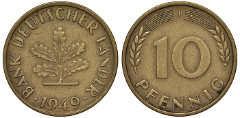 ФРГ 10 пфеннигов 1949 J KM 103, J. 378 сталь плакированная латунью 4163-244