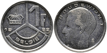 БЕЛЬГИЯ 1 ФРАНК 1989 BELGIE KM 171 сталь плакированная никелем 99-1236