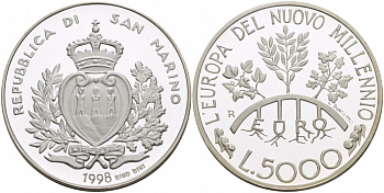 Сан-Марино 5000 лир 1998 миллениум, европа в новом тысячелетии KM 386 серебро PROOF 1068-3-33