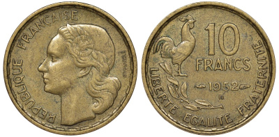 Франция 10 франков 1952 B, петух KM 915.2, Le Franc 363.5 алюминиевая бронза 51-2524