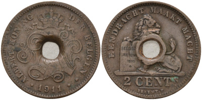 Бельгия 2 сантима 1911 BELGEN, Альберт I (1910 - 1934) KM 65 медь 4142-444