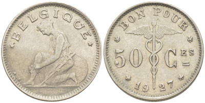 БЕЛЬГИЯ 50 САНТИМОВ 1927 BELGIQUE KM 87 никель 261-1618