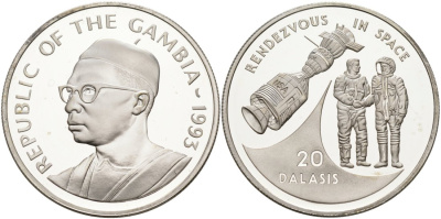 Гамбия 20 даласи 1993 стыковка в космосе, станция KM 36 серебро PROOF 00-000-00